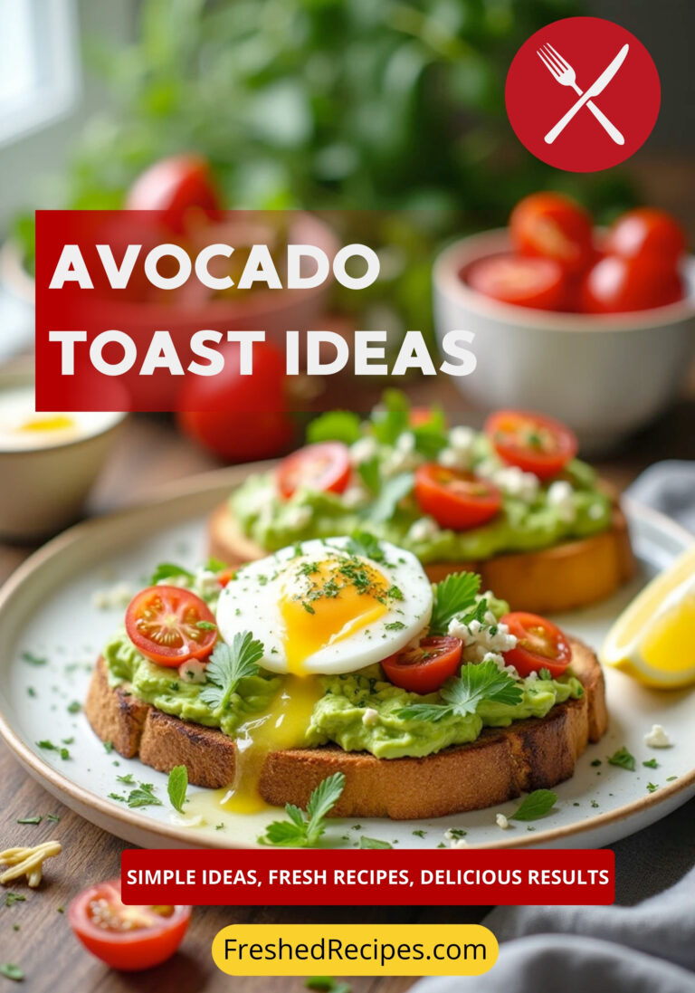 Avocado toast topped with creamy mashed avocado, fresh herbs, poached egg, cherry tomatoes, and feta cheese, served with a side salad and fresh fruit.
