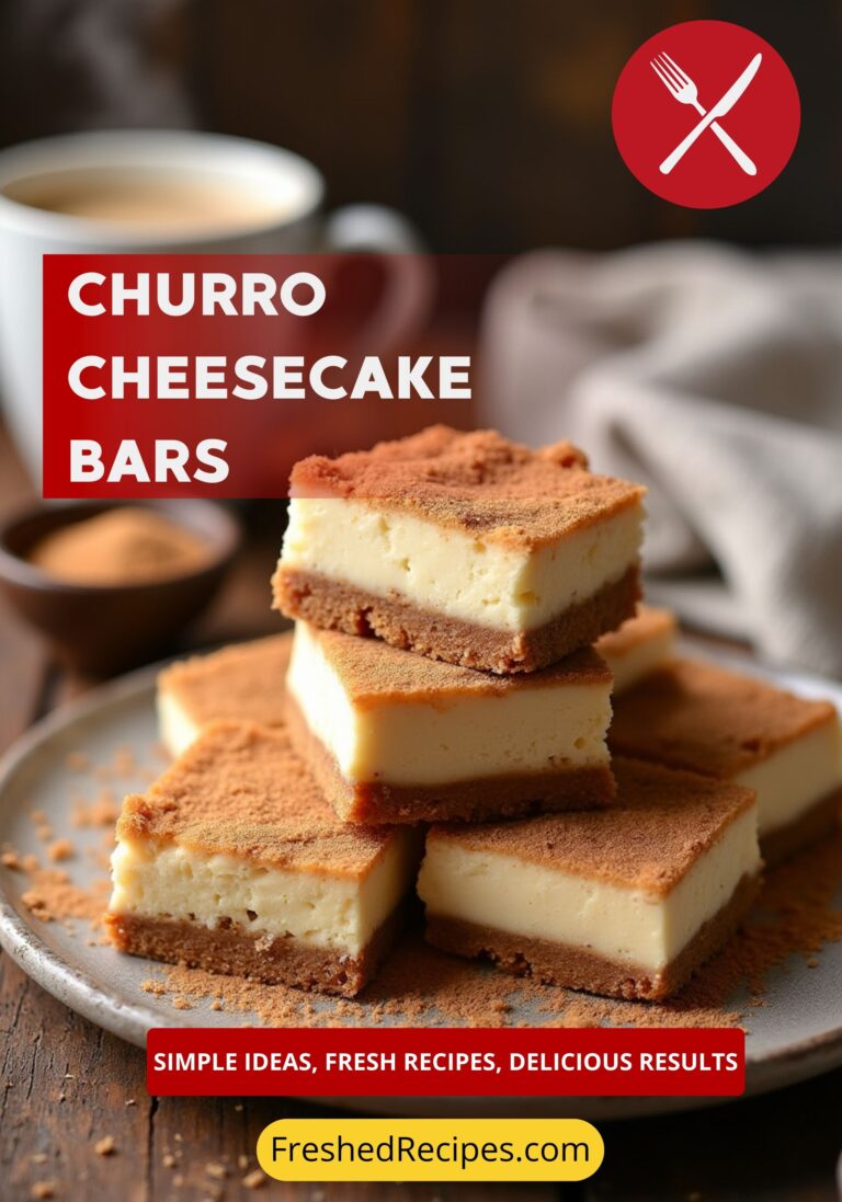 A close-up of golden Churro Cheesecake Bars with a cinnamon-sugar crust, drizzled with caramel sauce and topped with fresh berries.