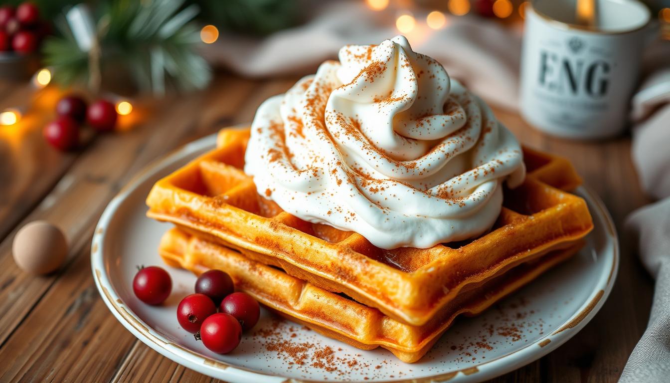 Eggnog waffles recipe with cinnamon whipped cream