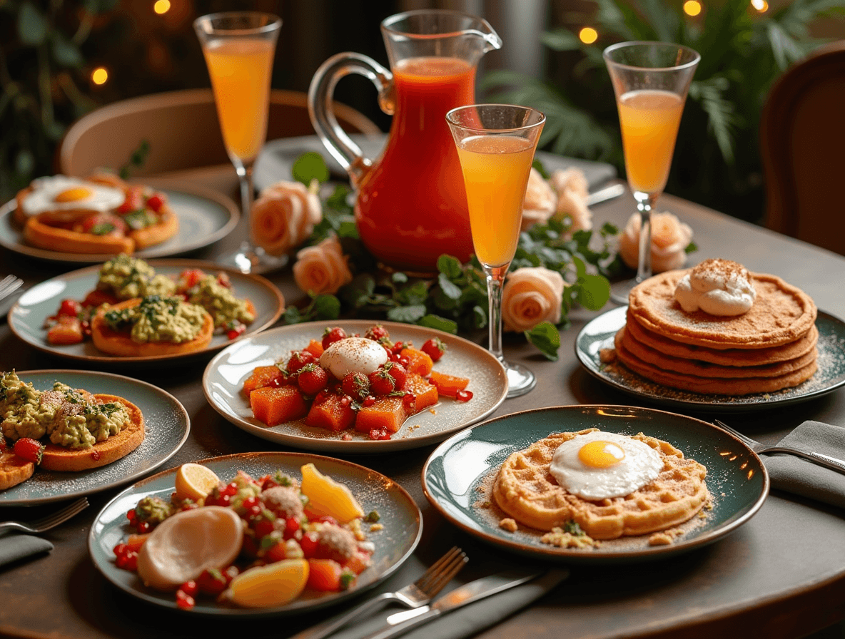 A festive New Year’s Day brunch table for 2025, filled with vibrant dishes like avocado toast with seasonal toppings, croffles, sweet potato hash with poached eggs, citrus and pomegranate salad, sparkling mimosa pancakes, and eggnog waffles with cinnamon whipped cream. The table is beautifully set with a cozy winter ambiance, featuring fresh flowers, warm lighting, and a celebratory mimosa pitcher. The scene exudes elegance, warmth, and the joy of new beginnings