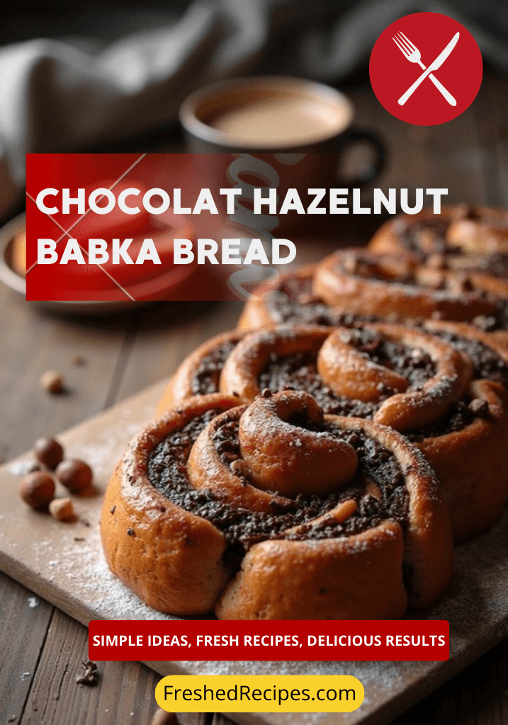 Freshly baked Chocolate Hazelnut Babka Bread with a glossy golden crust, chocolate swirls, and powdered sugar garnish.