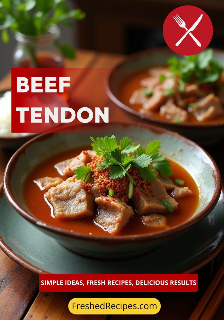 A realistic beef tendon dish in a white ceramic bowl, garnished with green onions and chili flakes, set against a soft blue background.