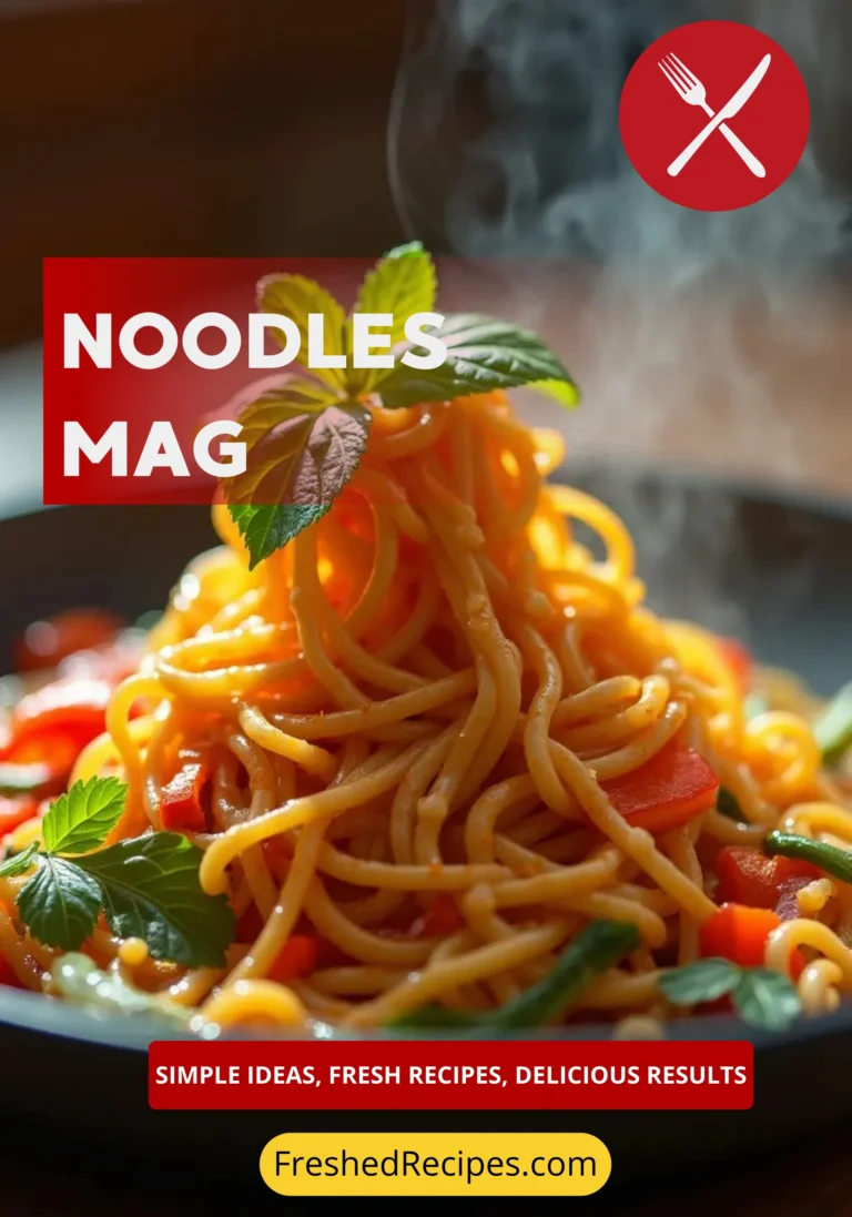Close-up of a vibrant noodle mag dish with vegetables, garnished with sesame seeds and fresh herbs,