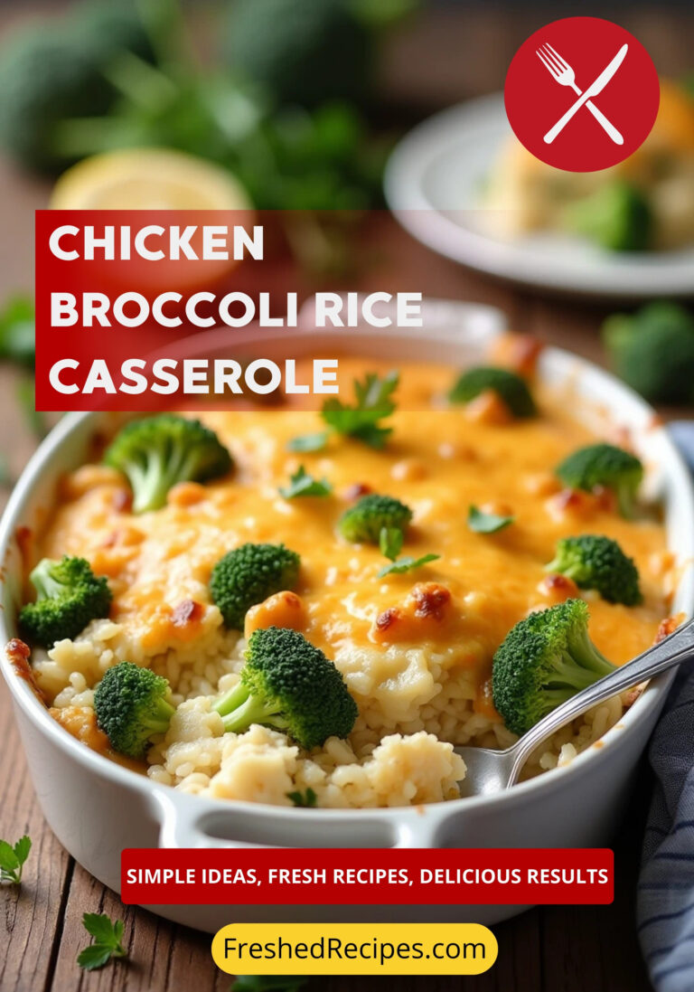 A close-up of a golden and cheesy chicken broccoli rice casserole served in a white baking dish, garnished with fresh parsley on a rustic wooden table.