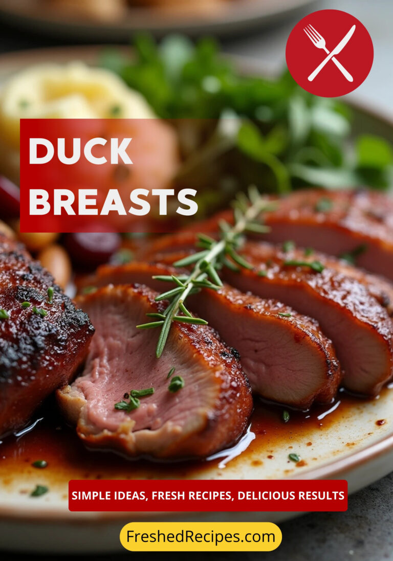 A plate of perfectly cooked duck breasts with crispy skin, garnished with fresh rosemary and thyme, served with roasted vegetables and mashed potatoes, all drizzled with a berry reduction sauce.