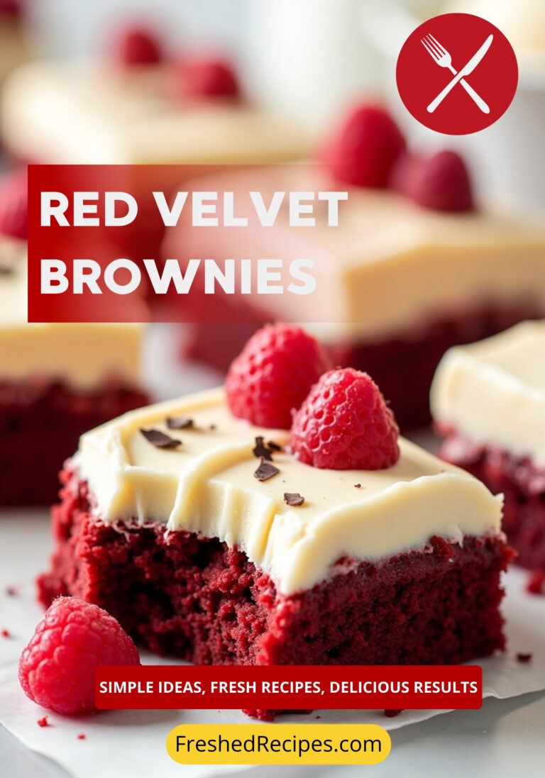 Delicious red velvet brownies topped with creamy cream cheese frosting, fresh berries, and a light dusting of cocoa powder.
