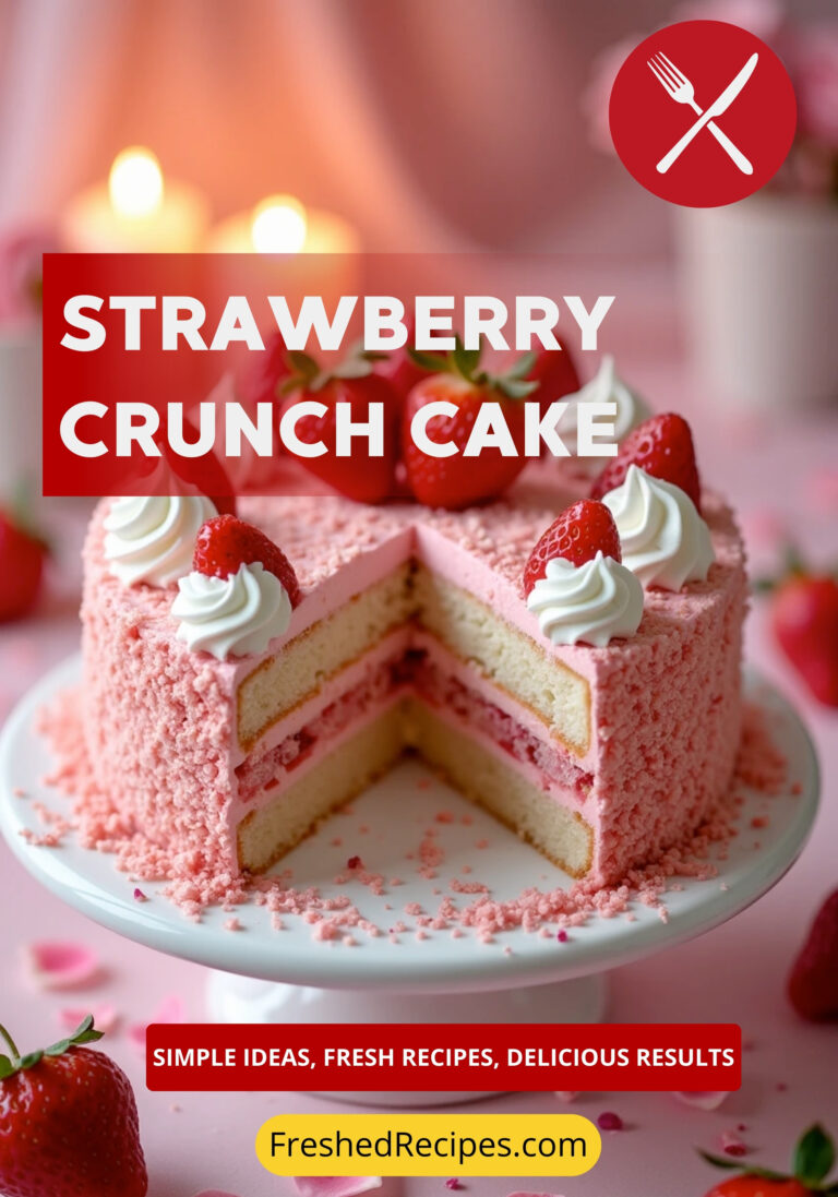 A beautifully decorated Strawberry Crunch Cake with a golden crunchy topping, creamy pink frosting, and fresh strawberries, set against a romantic pink-toned background with soft candlelight.