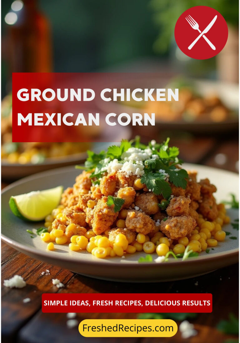 A vibrant plate of ground chicken Mexican corn garnished with fresh cilantro, crumbled cotija cheese, and lime wedges, served on a rustic wooden table